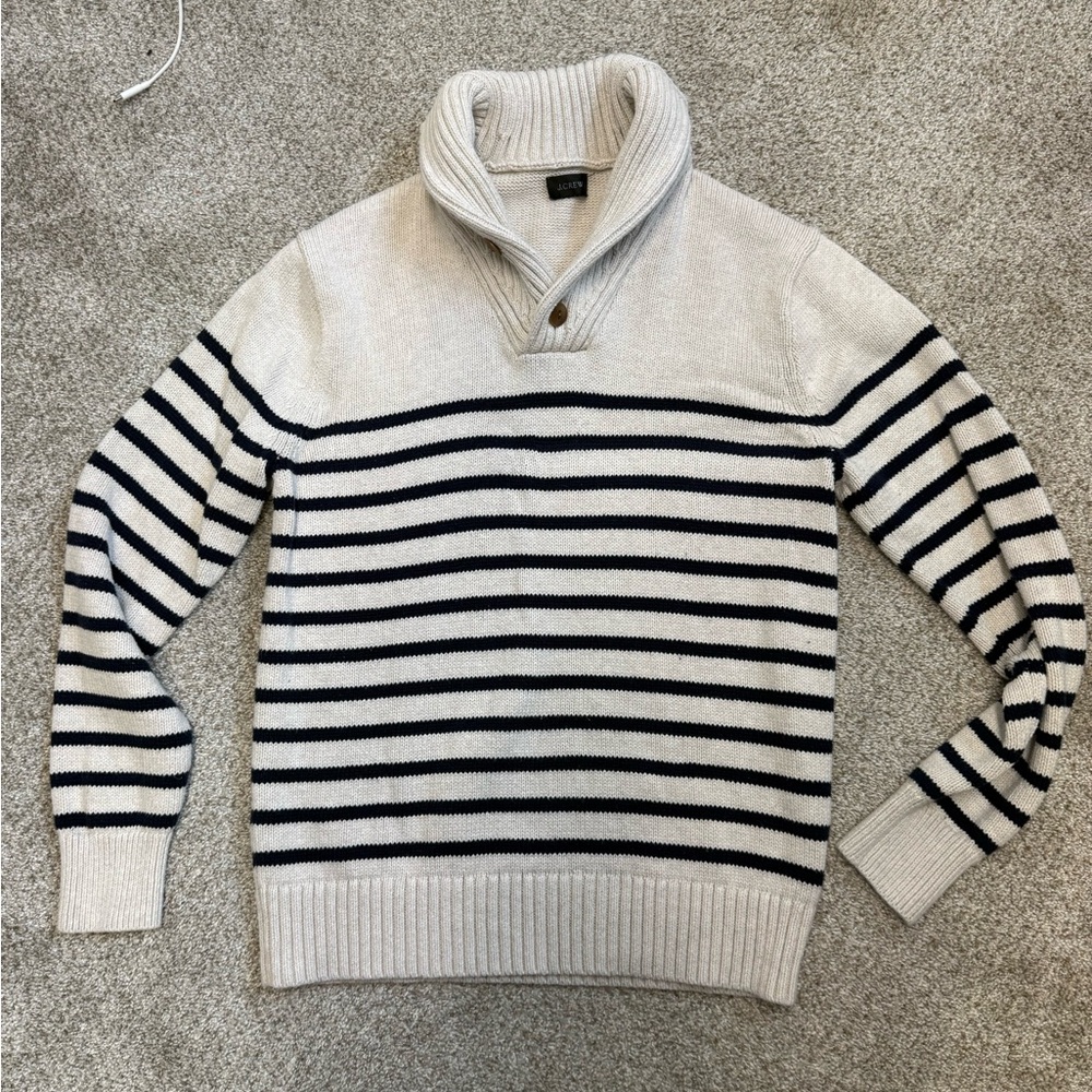 Jcrew Striped Shawl Collar Sweater - Cream and navy med